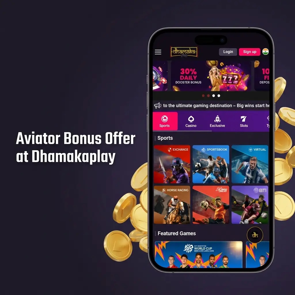 Dhamakaplay 100% first deposit bonus for Aviator crash game, minimum INR 500, auto-credited to account