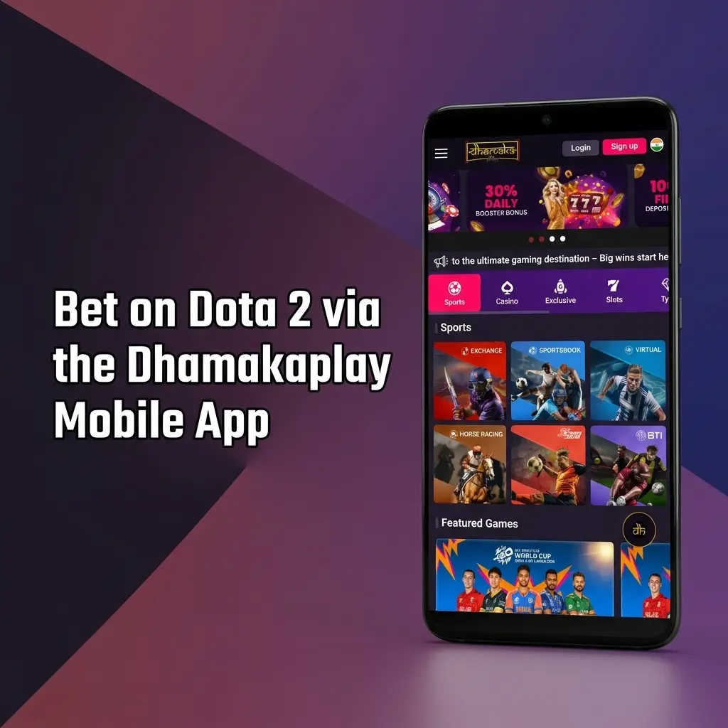 Dhamakaplay mobile app showing Dota 2 betting interface with live match odds and INR payment options