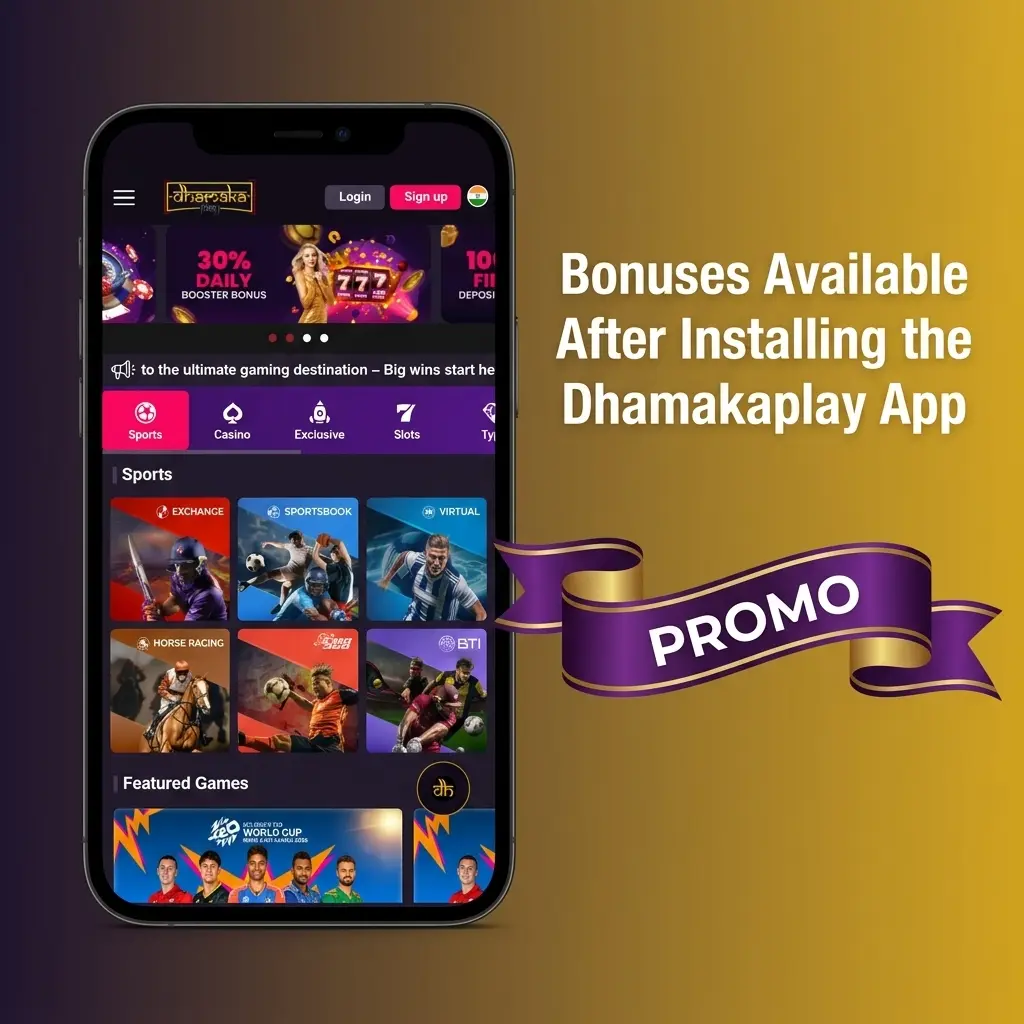 Dhamakaplay app bonuses including first deposit match, free spins, reload offers, and referral rewards for casino and sports betting