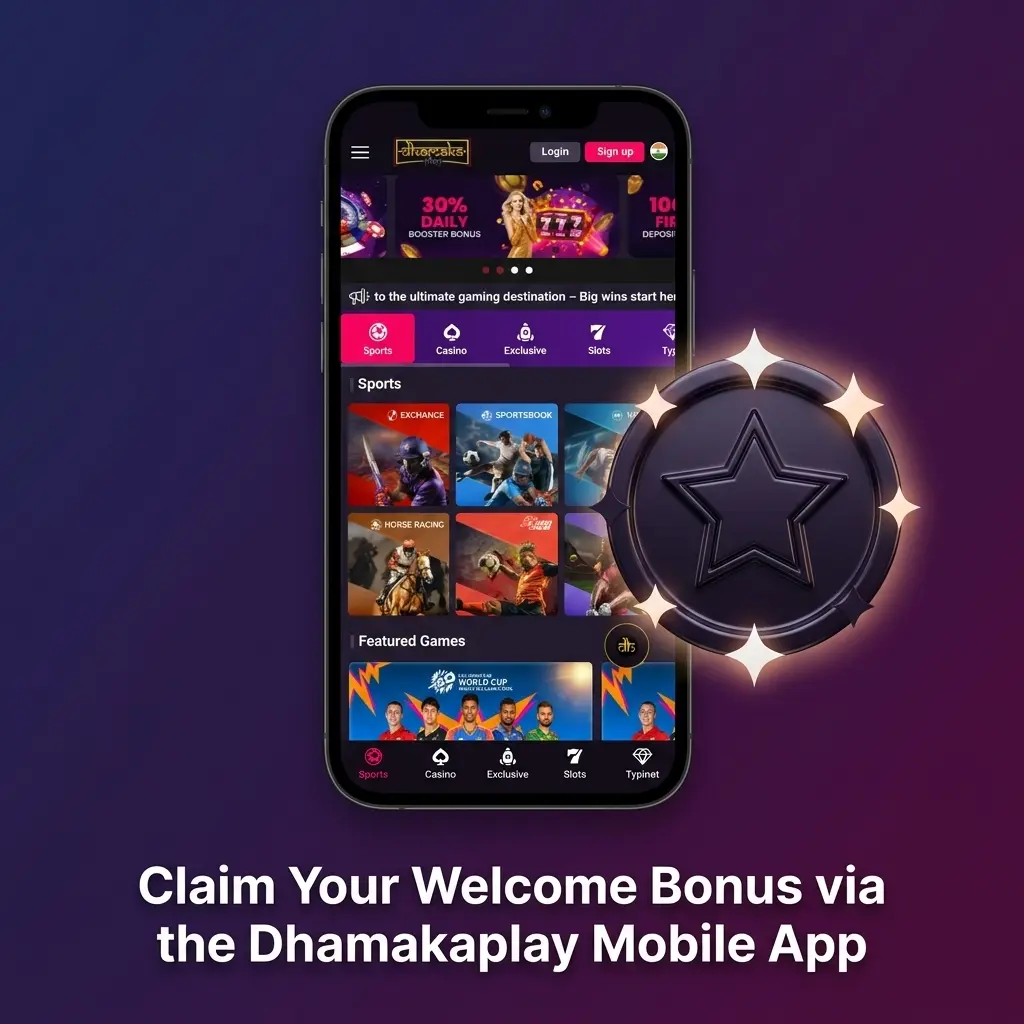 Dhamakaplay mobile app welcome bonus claim steps on Android and iOS via Promotions tab and Cashier deposit