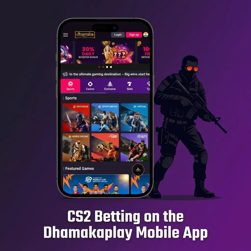 CS2 betting on Dhamakaplay mobile app showing esports tab, match selection, and live odds tracking steps