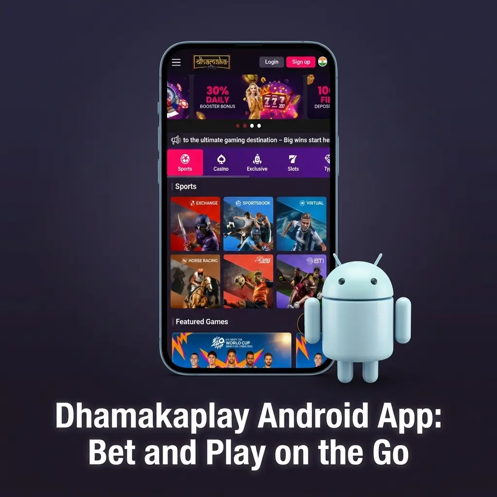 Dhamakaplay Android app interface showing mobile betting and casino games available for free download on the go