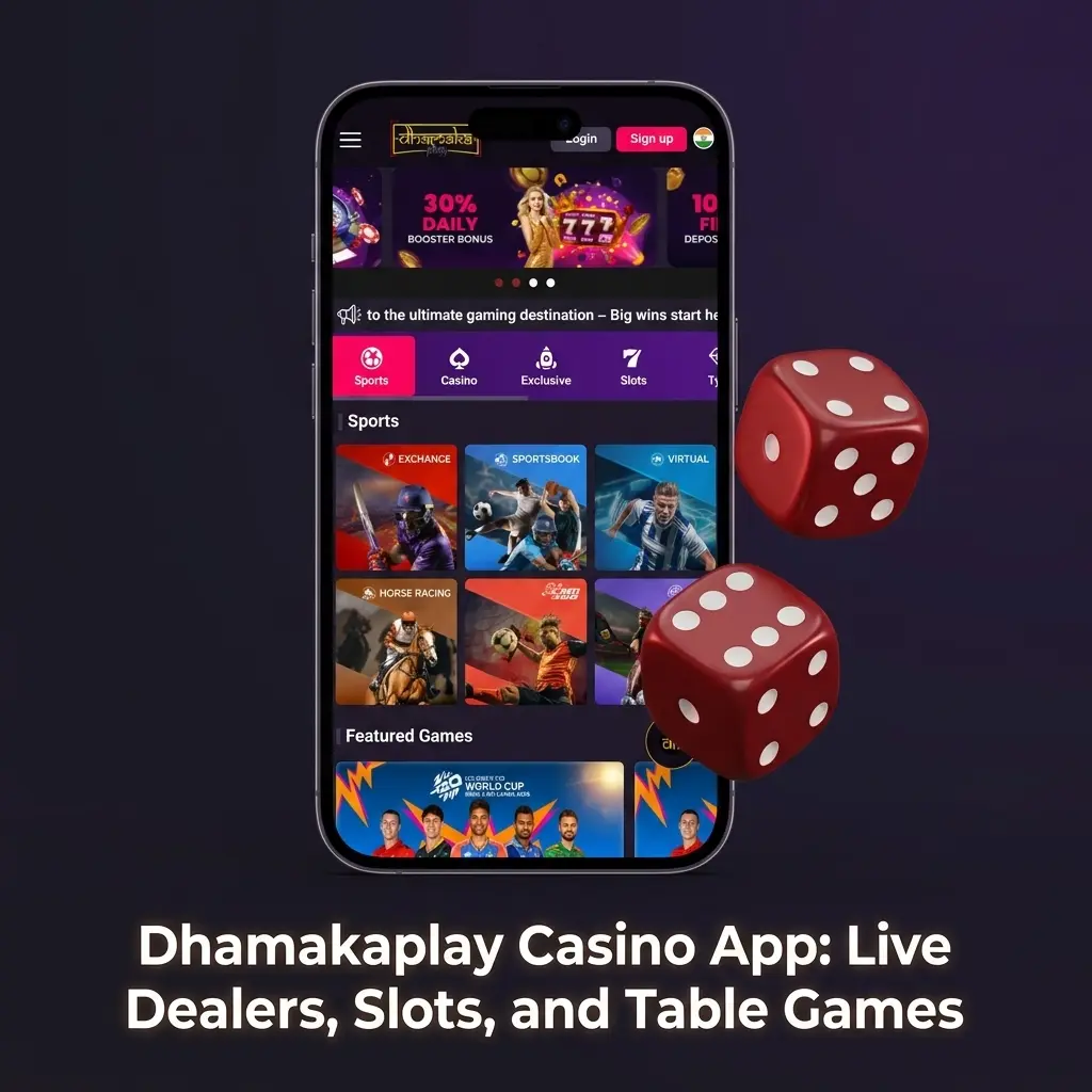 Dhamakaplay casino app showing live dealers, slots, roulette, blackjack, and table games lobby