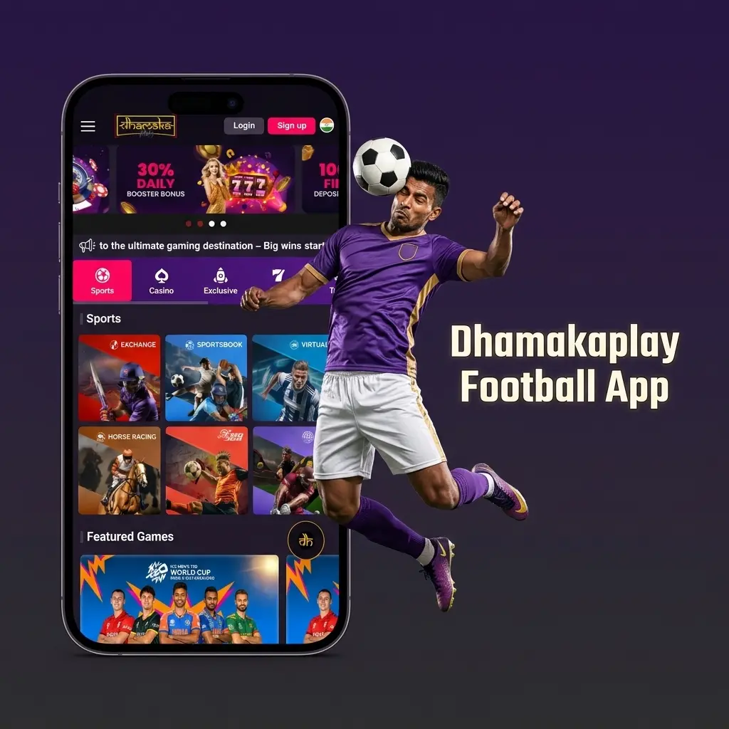 Dhamakaplay football betting app on Android and iOS showing live scores, odds, and markets for Indian users