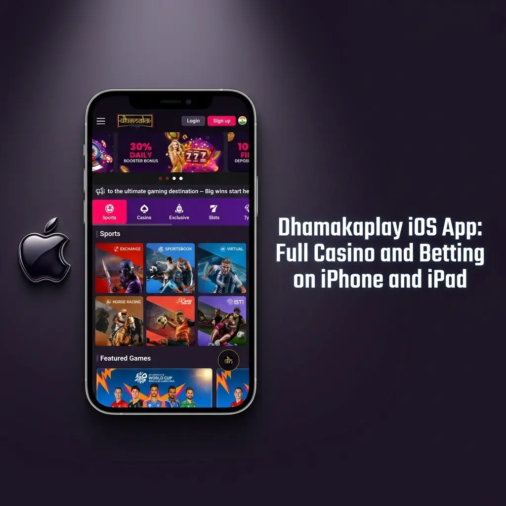 Dhamakaplay iOS app on iPhone and iPad showing sports betting and live casino features for mobile users