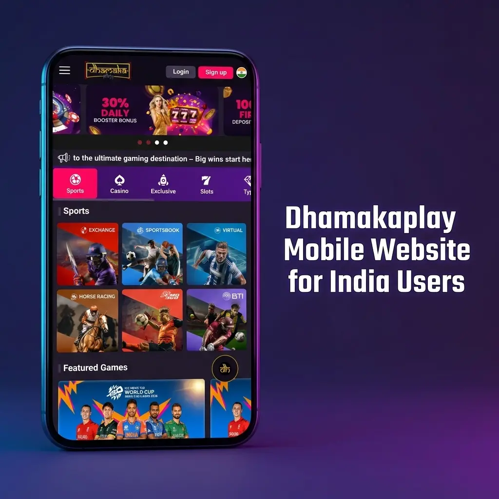 Dhamakaplay mobile website for India users showing betting, casino, and UPI payment options on a smartphone browser