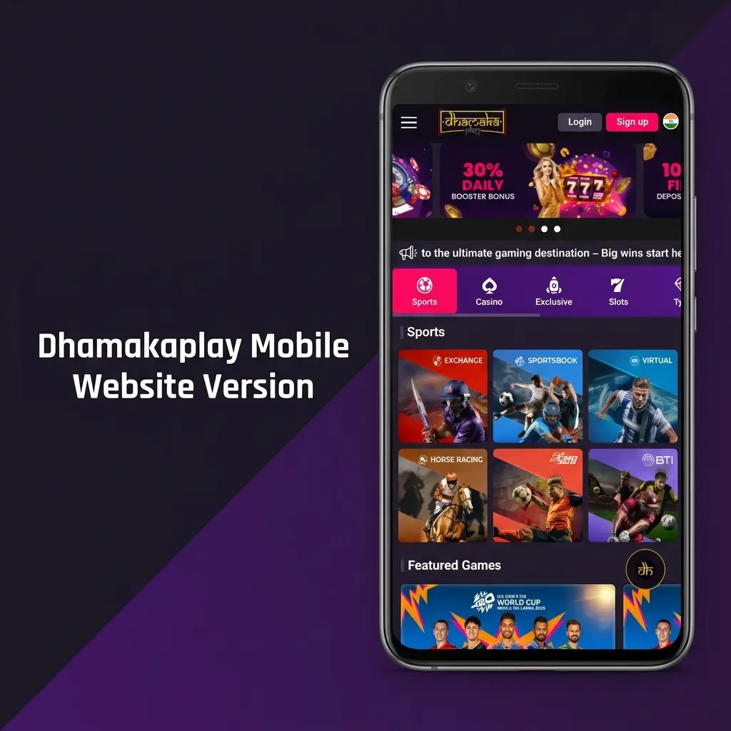 Dhamakaplay mobile-optimised website on smartphone and tablet with sports betting, live casino, and account management features