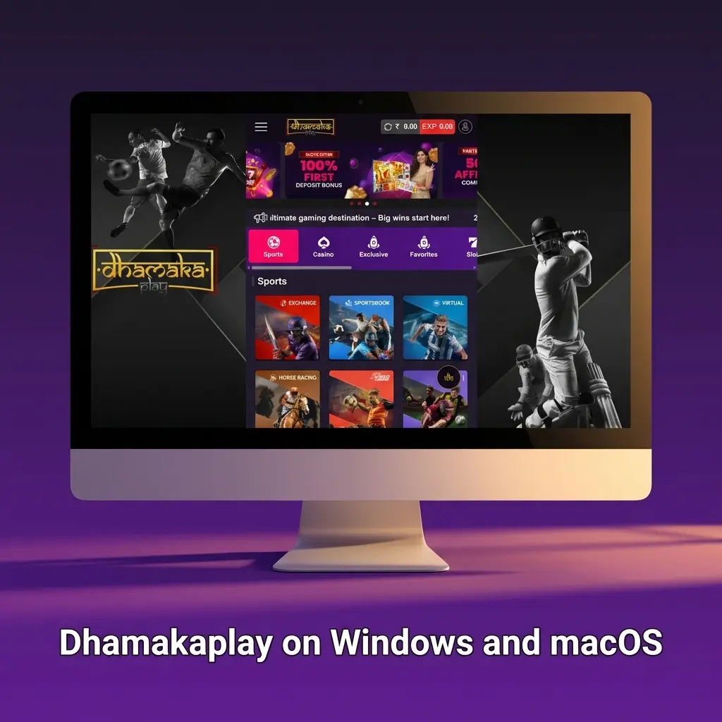 Dhamakaplay website accessible on Windows and macOS via Chrome, Firefox, or Safari browser with no installation needed
