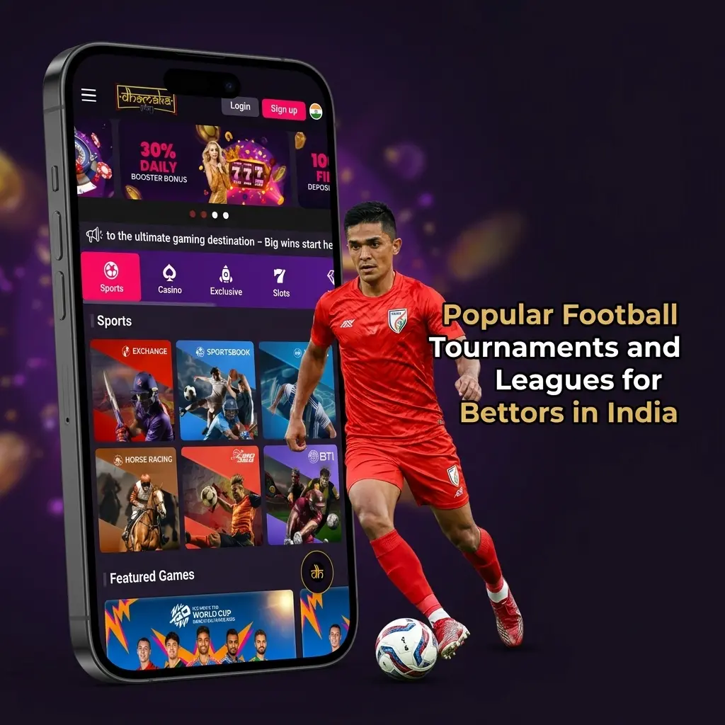 Popular football tournaments for Indian bettors including FIFA World Cup, UEFA Champions League, EPL, ISL, and more on Dhamakaplay
