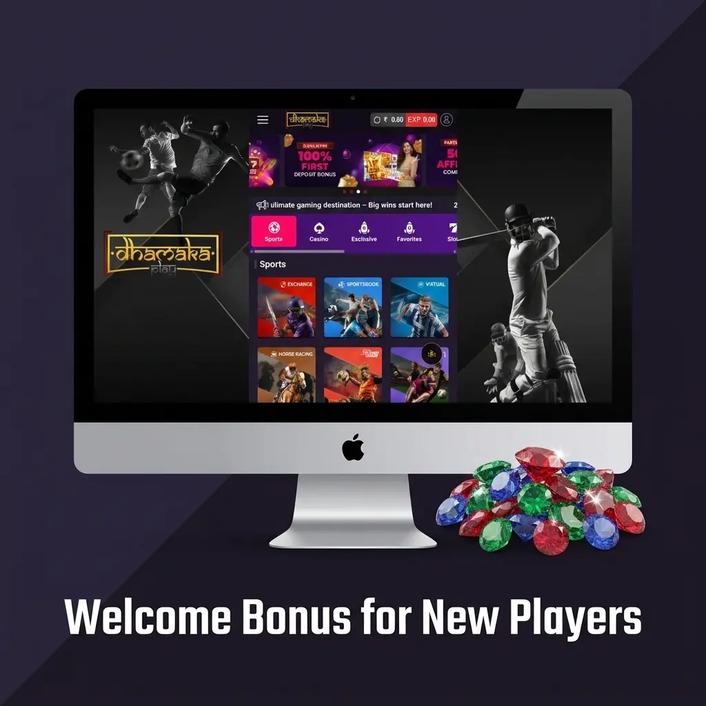 Dhamakaplay welcome bonus for new players showing 100% first deposit bonus up to INR 10,000 for casino and sports