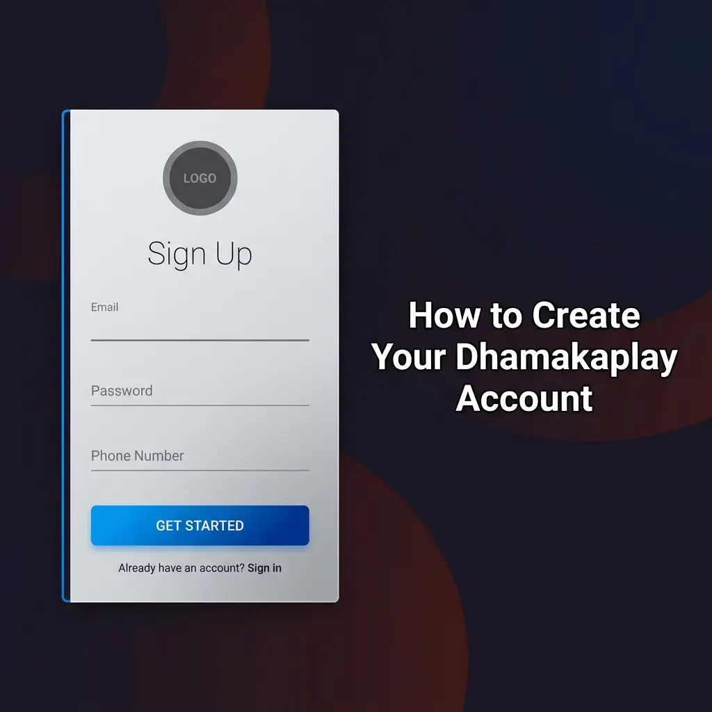 Dhamakaplay account registration steps showing sign-up form with email, mobile, and INR currency options