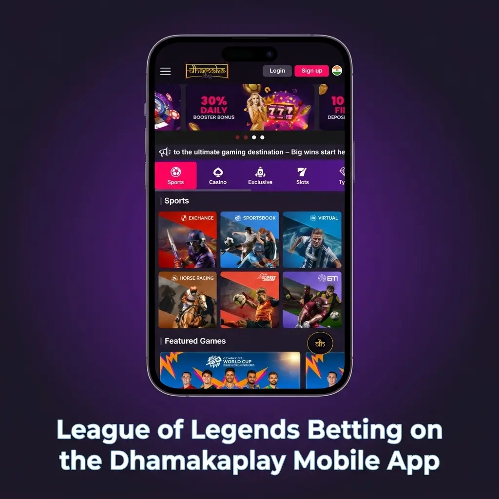 Dhamakaplay mobile app interface showing League of Legends betting markets with live odds on Android and iOS devices