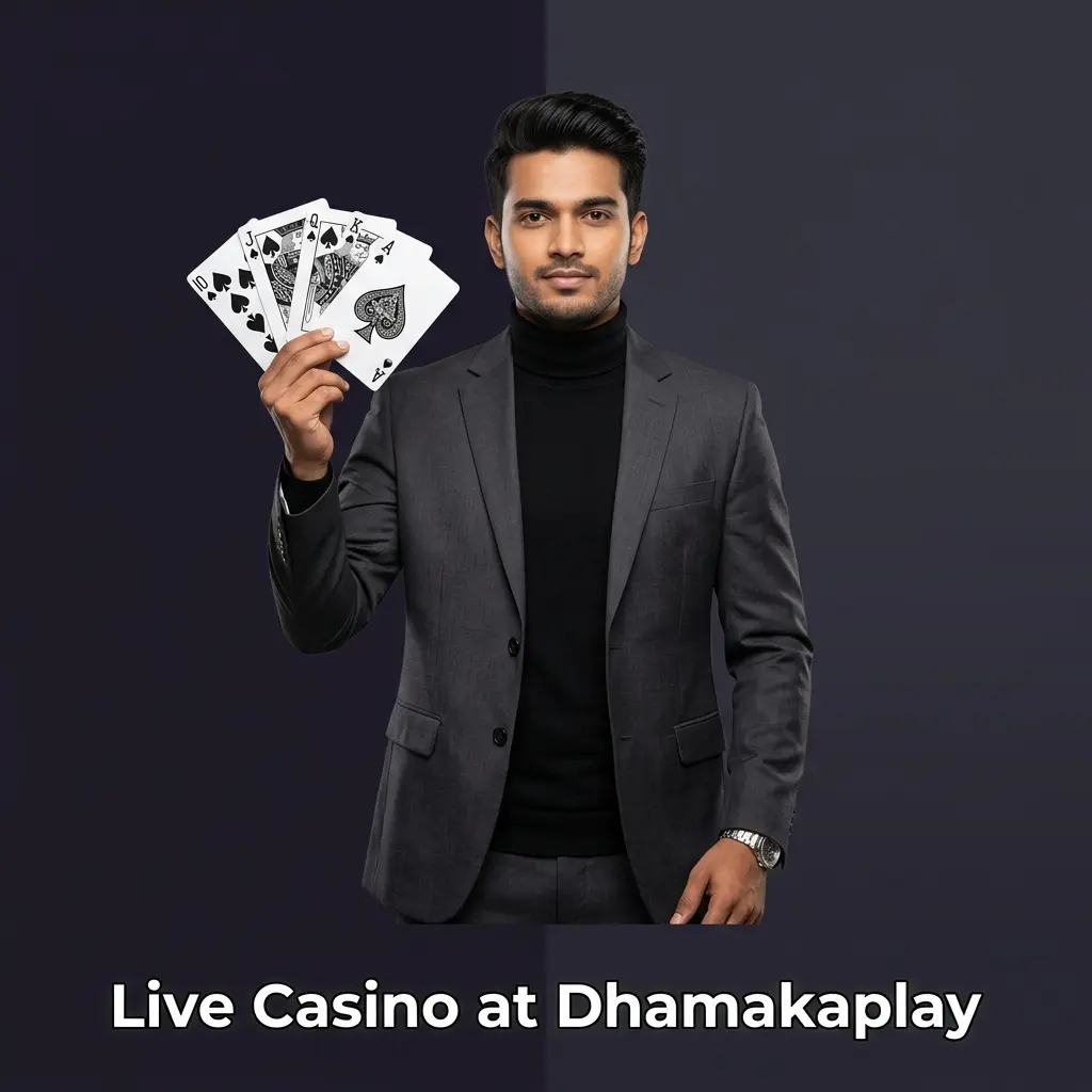 Live casino at Dhamakaplay with real dealers streaming Baccarat, Blackjack, Roulette, Andar Bahar and Teen Patti