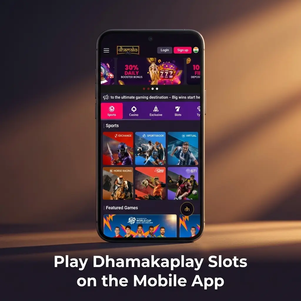 Dhamakaplay mobile app slots lobby showing easy navigation, game filters, and full-screen gameplay on Android and iOS devices.