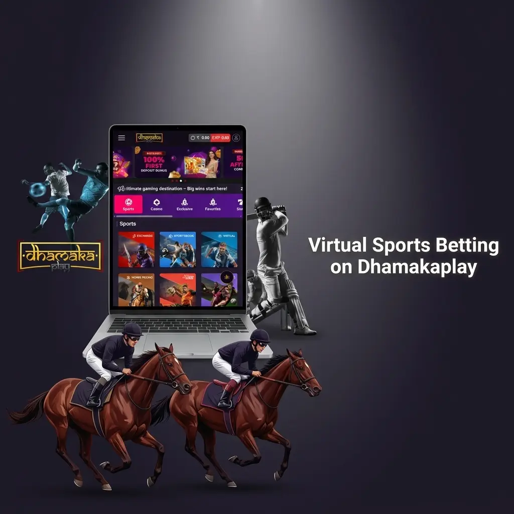Virtual sports betting on Dhamakaplay featuring cricket, football, horse racing and basketball simulations for India players
