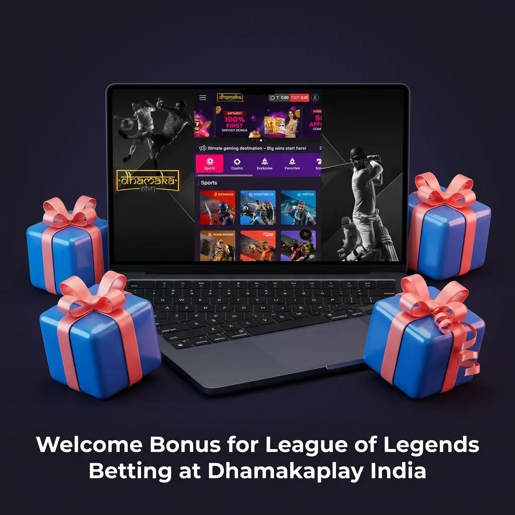 Dhamakaplay 100% first deposit bonus for League of Legends betting in India, doubling funds up to INR 2,000