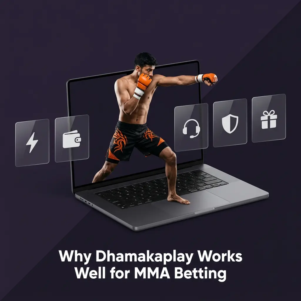 Dhamakaplay MMA betting advantages including UFC odds, live betting, INR deposits, and mobile app access for Indian users